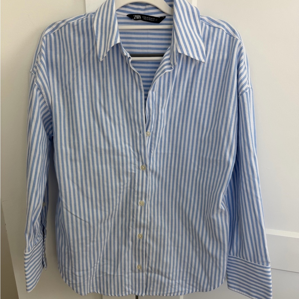 Zara Oversized Light Blue and White Vertical Stripe Button-Down Shirt